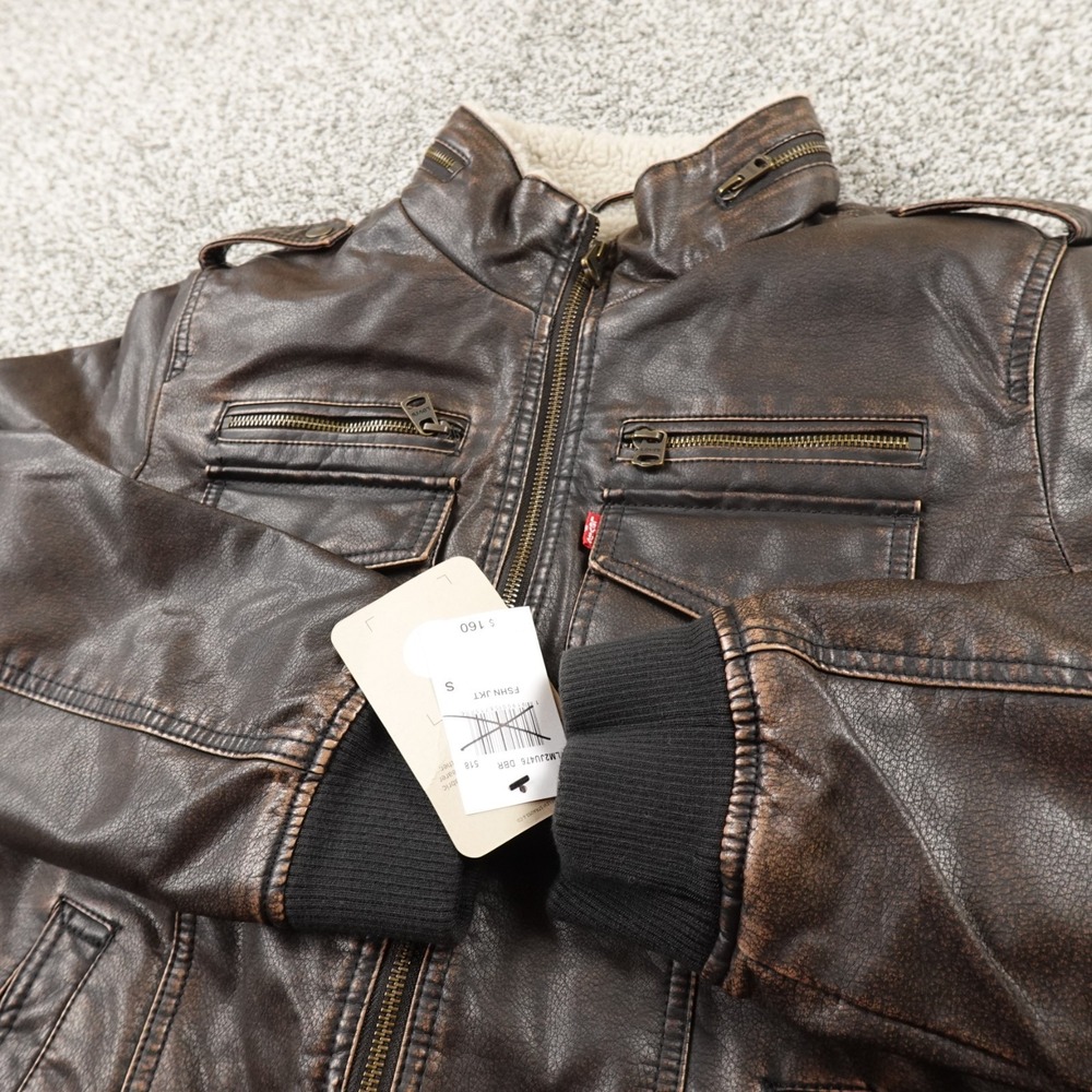 NEW Levis Jacket Mens S Brown Sherpa Lined Faux Leather Trucker Bomber Coat Zip